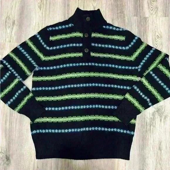 American Eagle Men’s Knit Sweater Striped Blue Green Mock Neck 1/4 Button Size L - Picture 2 of 9